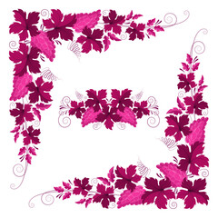 Grape branches, leaves and bunches of grapes in vintage style. Set of design elements for the concept of growing grapes and making wine. Set of vector vintage patterns in red wine color.