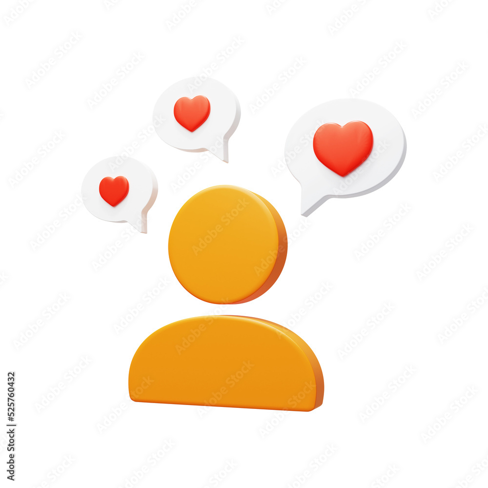 Poster user icon. notification about likes from the user. social networks, icons concept. 3d visualization.