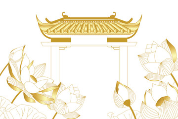 Illustration of an asian temple with lotus background