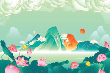 Fototapeta na wymiar Colorful landscape with asian style