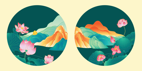 Mountain landscape with lotus flower background