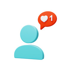 User icon. Notification of a new like from the user. Social media, icon concept. 3D Render. 