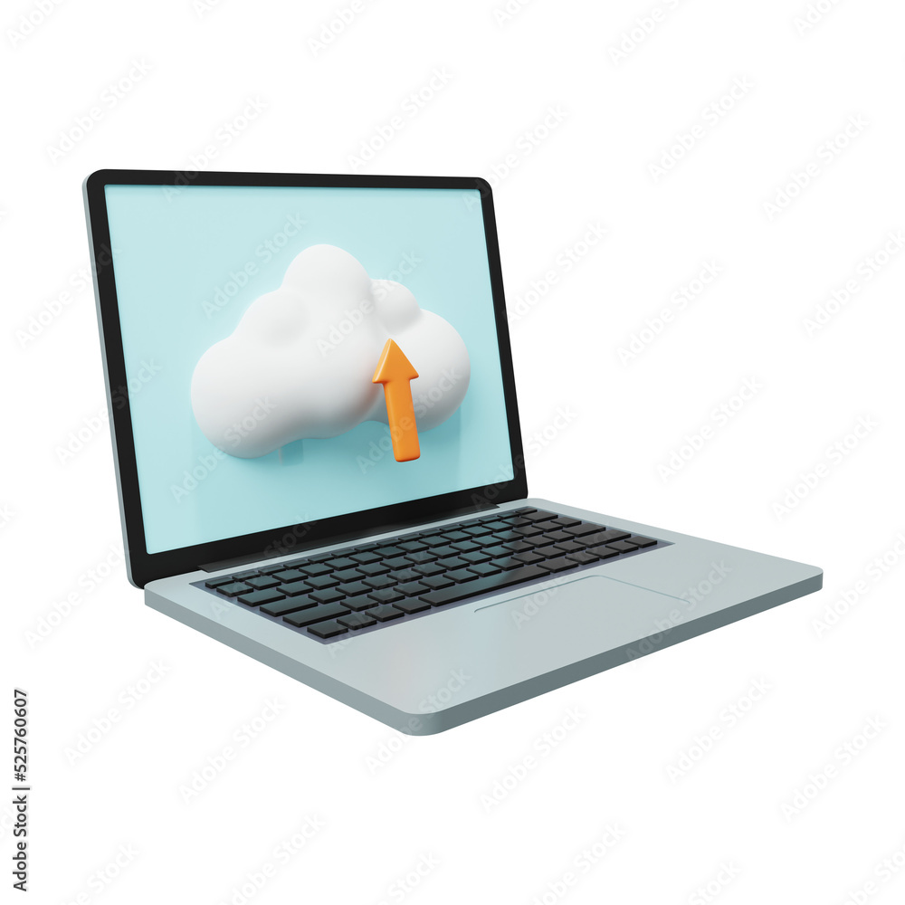 Poster cloud upload on laptop. upload icon. 3d render.