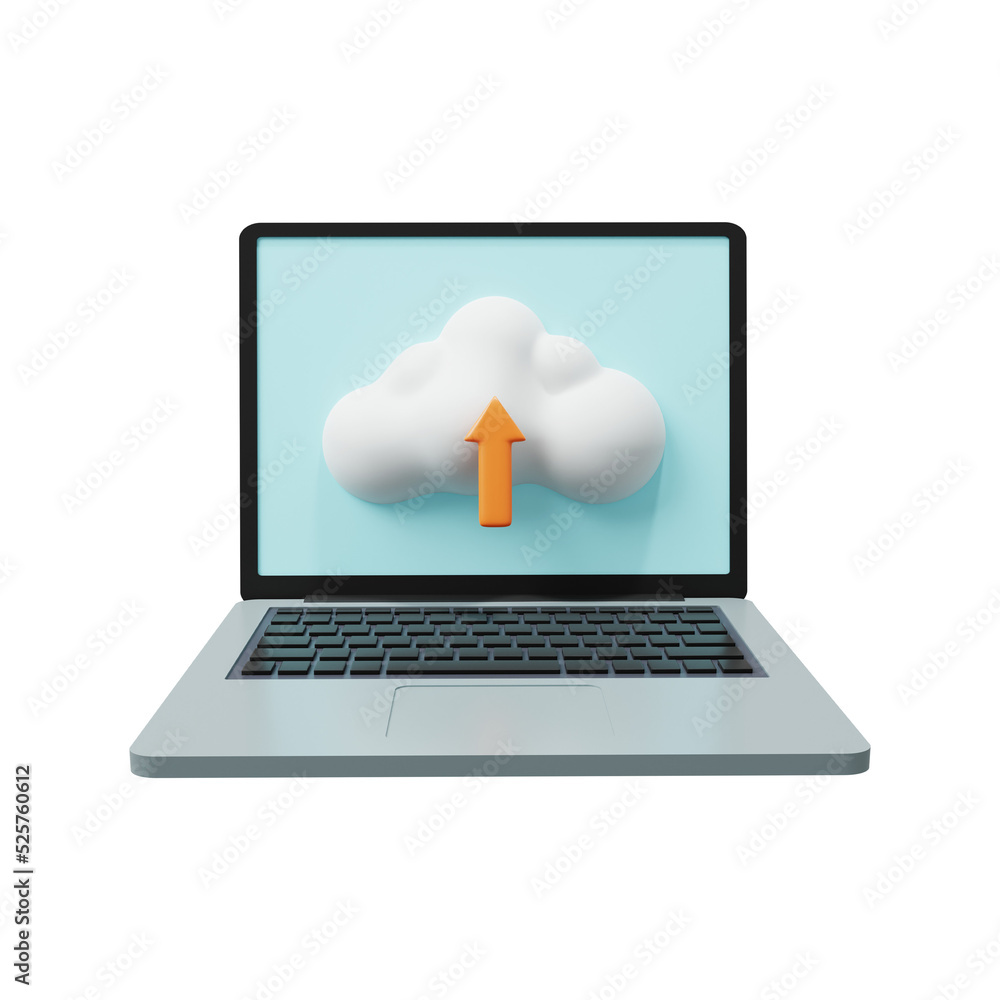 Poster cloud upload on laptop. upload icon. 3d render.