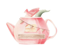 Watercolor teapot isolated. Watercolor pinl kettle with dragon on white.