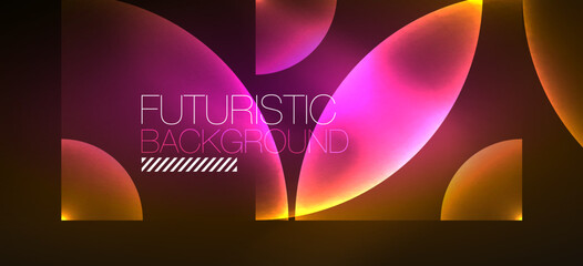 Shiny neon geometric abstract background. Glowing lights on round shapes, triangles and circles. Wallpaper for concept of AI technology, blockchain, communication, 5G, science, business