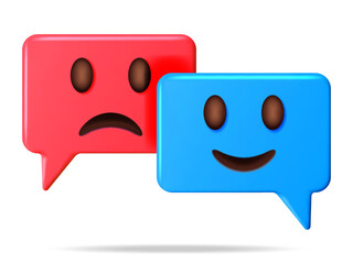 3D Happy and Sad Emoticon on Speech Bubble Isolated. Render Smiling and Unhappy Emoji. Happy and Sad Smile Face. Communication, Web, Social Network Media, App Button. Realistic Vector Illustration