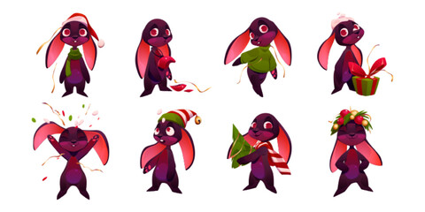 Happy cute bunny with Christmas tree, wreath, snow, gift box and confetti. Funny animal, black rabbit character in hat, sweater and scarf celebrate New Year, vector cartoon illustration