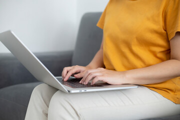 Fototapeta premium Person are using laptops, working or studying online at home. businessman using laptop work outside the office