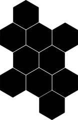 Black hexagon, honeycomb, design element, pattern with no strokes. Isolated png illustration, transparent background. Use for photo collection, collage, overlay, montage, clipping, layer mask.
