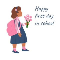 A little preschooler girl goes for the first time with a backpack and flowers in a school uniform. Happy first day in school card. Isolated on white