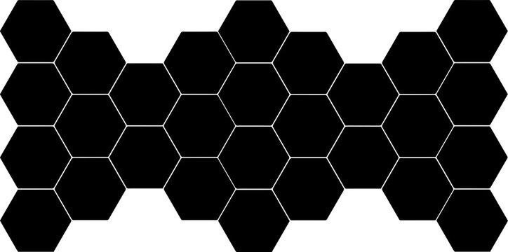 Black hexagon, honeycomb, design element, pattern with no strokes. Isolated png illustration, transparent background. Use for photo collection, collage, overlay, montage, clipping, layer mask.