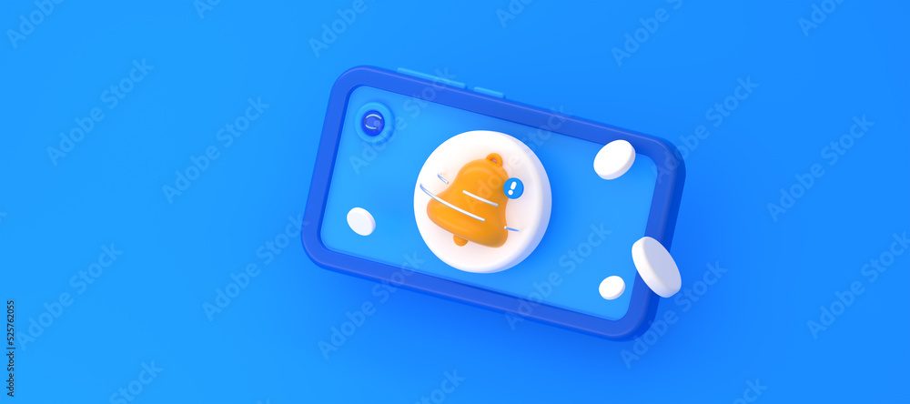 Poster 3d render smartphone screen with notification bell. new email or unread message on phone display. al