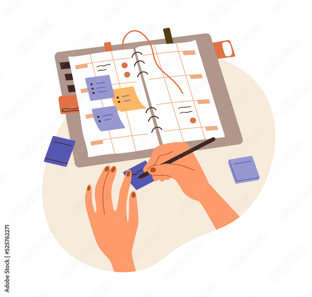 Poster writing plans on sticky memo notes, making schedule in paper planner, notebook. hands with pen and p