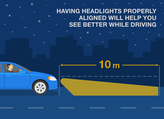 Safe driving at night. Using low and high beam headlights tips. Having headlights properly aligned will help you see better while driving. Flat vector illustration template. 