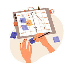 Writing plans on sticky memo notes, making schedule in paper planner, notebook. Hands with pen and personal timetable, reminders in organizer. Flat vector illustration isolated on white background