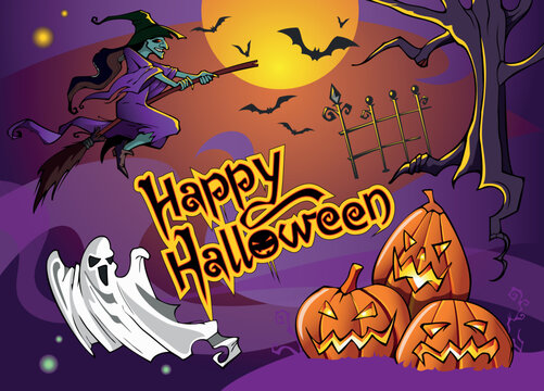 Halloween vector illustration with graveyard, witch on the broom, ghost, bats and pumpkins. Vector.