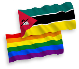 National vector fabric wave flags of Republic of Mozambique and Rainbow gay pride isolated on white background. 1 to 2 proportion.