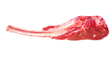 Fresh uncooked tomahawk steak on the bone on white background. Prime cut of beef. High quality product with marbling and delicate flavor for special occasion.. Butcher craft.