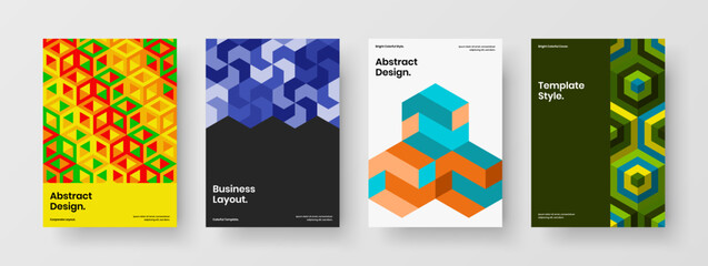 Vivid geometric hexagons banner concept set. Original magazine cover vector design template collection.