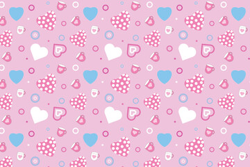 Beautiful minimal love pattern vector with love shapes and coffee mug. Endless love pattern decoration on a pink background. Cute seamless abstract pattern design for wallpapers and wrapping papers.