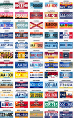 Fototapeta na wymiar Complete Set 60 United States License Plates - All 60 USA States, Special Design And Regulation For All States, Car numbers of vehicle registration in USA states (abstract numbers)
