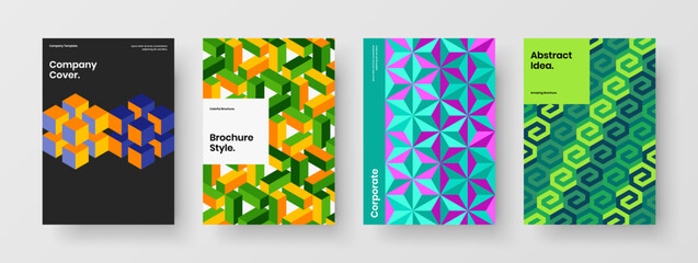 Vivid corporate cover A4 design vector illustration composition. Trendy geometric shapes postcard concept bundle.