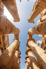 Different hieroglyphs on the walls and columns in the Karnak temple. Karnak temple is the largest...