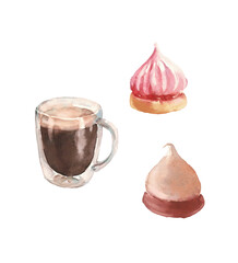 glass cup with strong coffee with two meringues - watercolor illustration