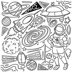 Hand drawn set of space doodles. Astrology doodles isolated on white background. Vector illustration