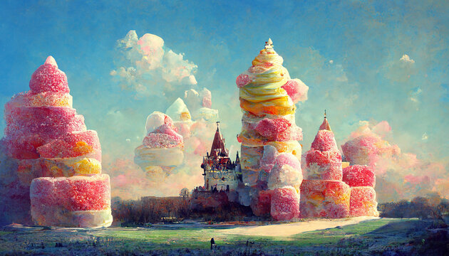 Candy Land Surreal Landscape, Castle Made Of Candies. Digital Art Illustration