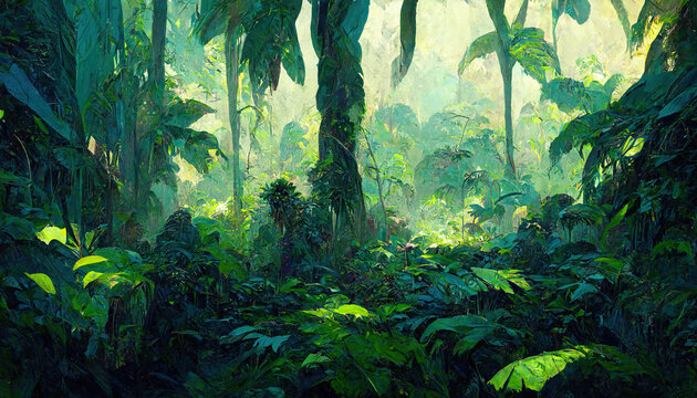 Jungle nature landscape wallpaper. Exotic forest illustration with lush green vegetation