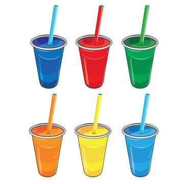 Six different slurpeee type drinks in plastic cups with straws, PNG with transparent background