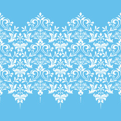 Floral pattern. Vintage wallpaper in the Baroque style. Seamless vector background. White and blue ornament for fabric, wallpaper, packaging. Ornate Damask flower ornament