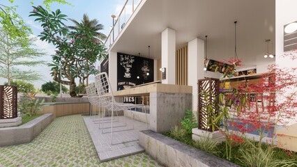 outdoor dining coffee shop architectural design with banner menu artwork mockup 3d illustration