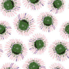 seamless plants pattern background with pink hand drawn flowers , greeting card or fabric