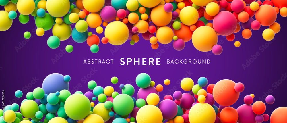 Poster abstract double border composition with colorful random flying spheres. colorful rainbow matte soft 