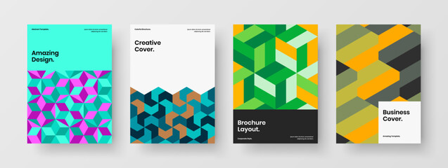 Modern brochure A4 design vector illustration collection. Bright mosaic hexagons handbill template set.