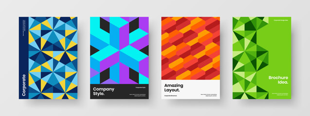 Fototapeta premium Multicolored geometric hexagons brochure concept set. Original book cover A4 design vector illustration bundle.