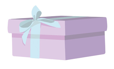 Flat violet cartoon gift box with ribbon isolated on transparent background