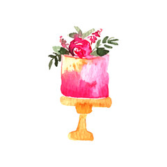 Pink floral birthday cake. birthday cake. Watercolor illustration isolated on white background.
