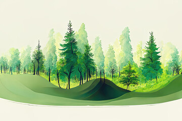 landscape with trees, forest, green hills, nature background, lush foliage 