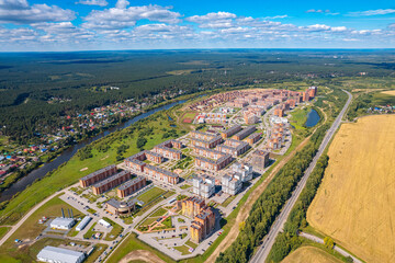 Panorama city Tomsk and Tom River day summer. Aerial top view