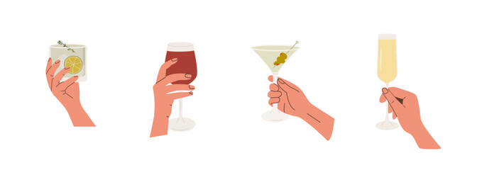 Set of female or male hand holding glass with alcoholic cocktails, champagne and wine. Alcohol drink. Summer aperitif, alcoholic beverage. Colored flat vector illustration isolated on white background - obrazy, fototapety, plakaty