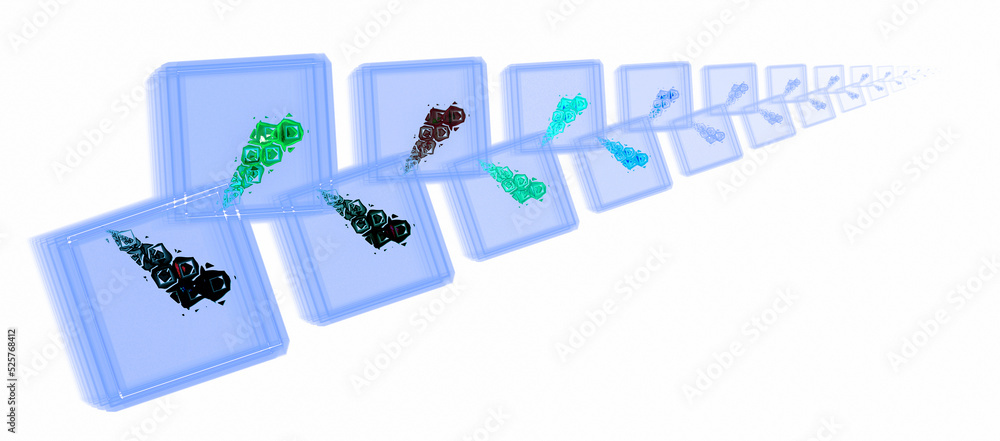 Poster blue rows of squares with patterns converge in the distance on a white background. abstract fractal 