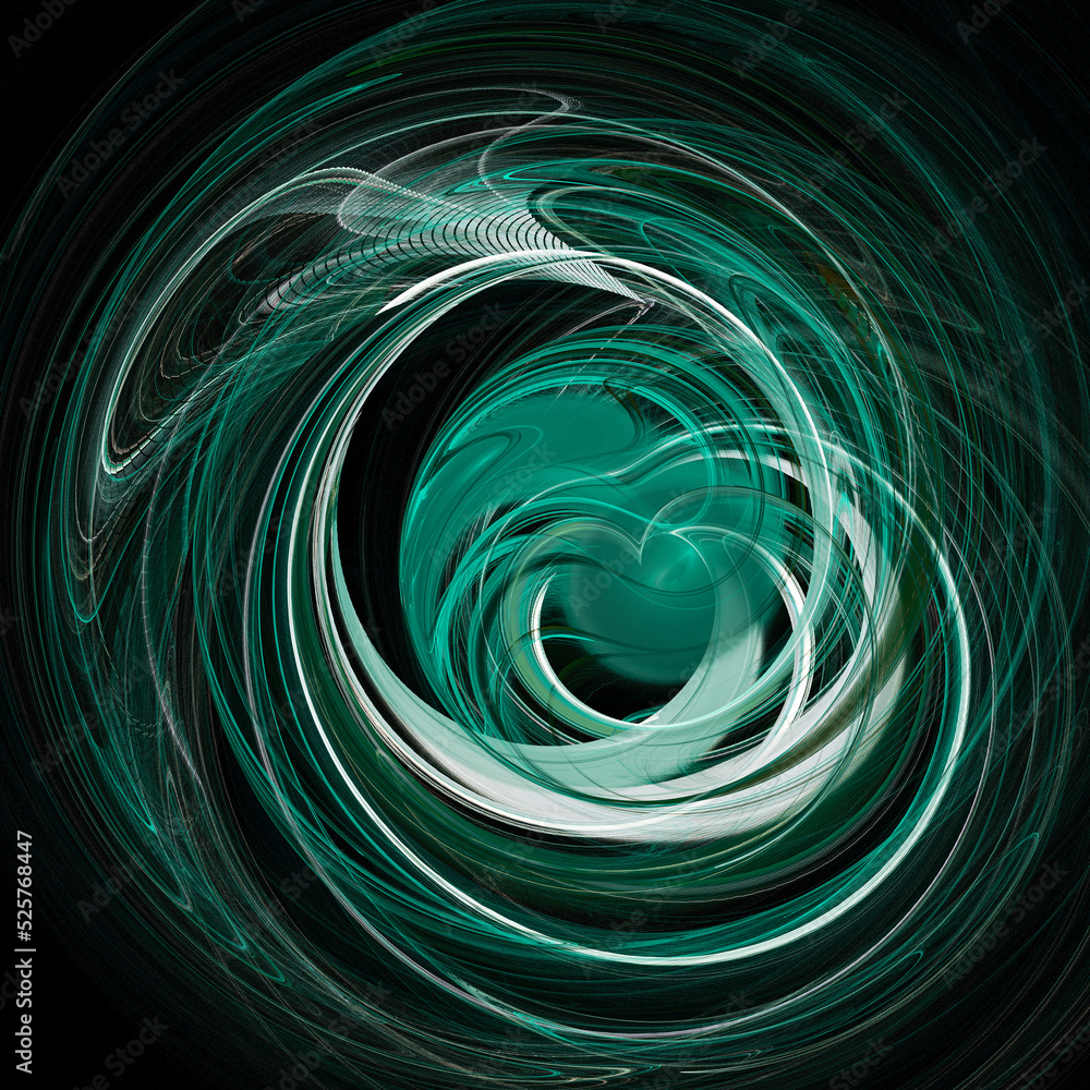 Poster turquoise and white rounded swirls around the contour of the heart on a black background. abstract f