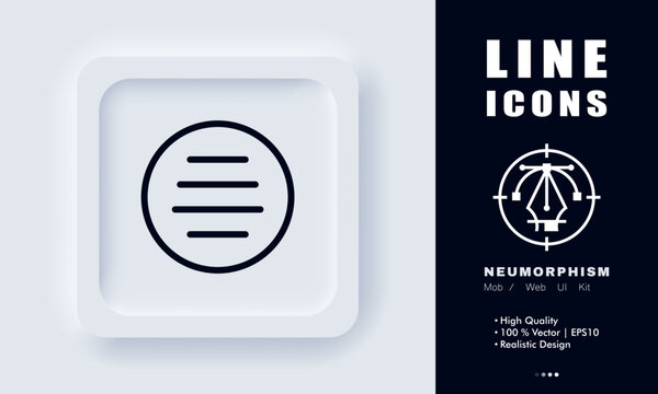 Navigation Menu Line Icon. Hamburger Type, App, Application, Control Panel, Additional Information, View, Settings. Technology Concept. Neomorphism Style. Vector Line Icon For Business And Advertising