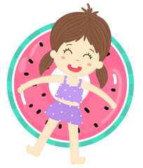 Girl with Pink Watermelon Swimming Ring, Floating Ring