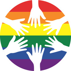 Silhouette of white hands on circle rainbow colored background. LGBTQI concept.	