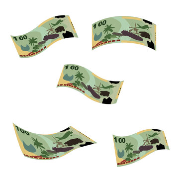 Kina Vector Illustration. Papua New Guinea money set bundle banknotes. Falling, flying money 100 PGK. Flat style. Isolated on white background. Simple minimal design.